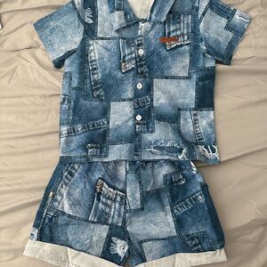 Patchwork Denim Shirt and Shorts Set